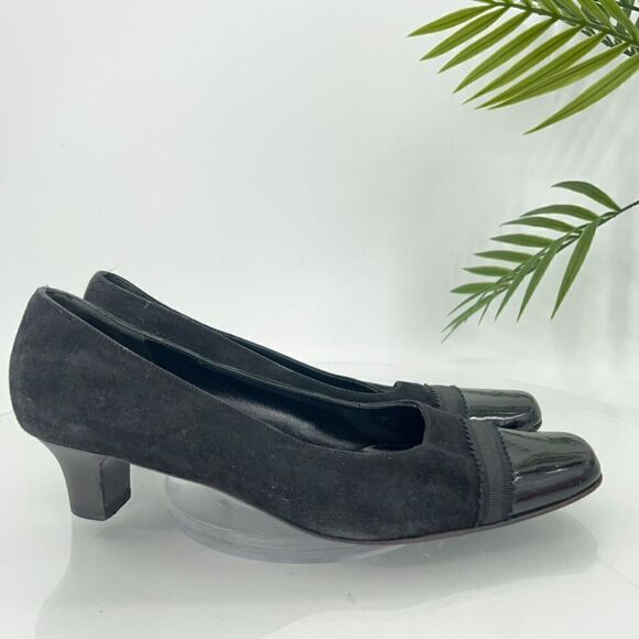 Salvatore Ferragamo Pump Women Size 7.5 B Black Suede Patent Cap Toe Square Toe - Picture 3 of 14